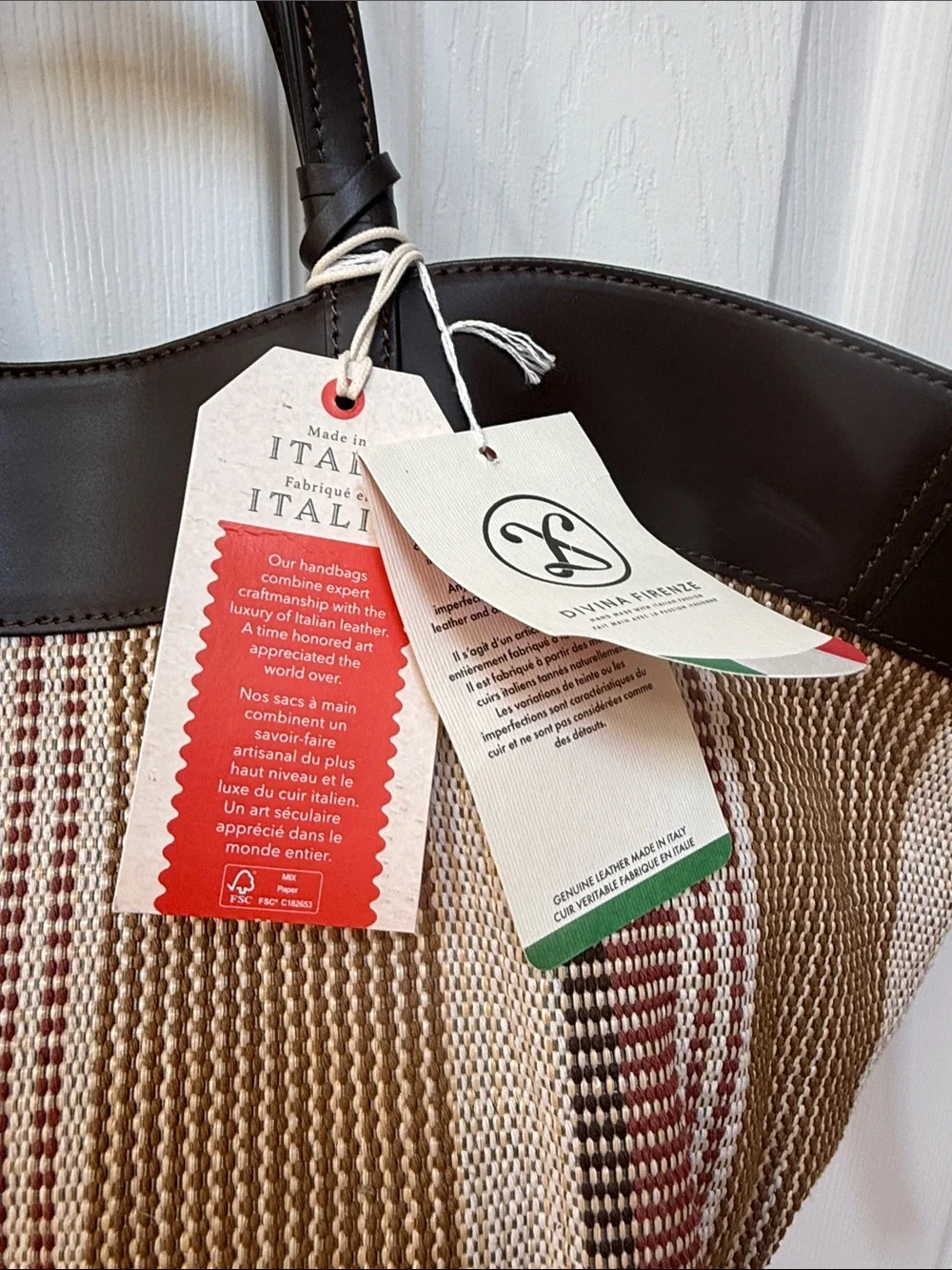 NWT Divina Firenze Italian Striped Woven / Leather Shopper Tote Bag